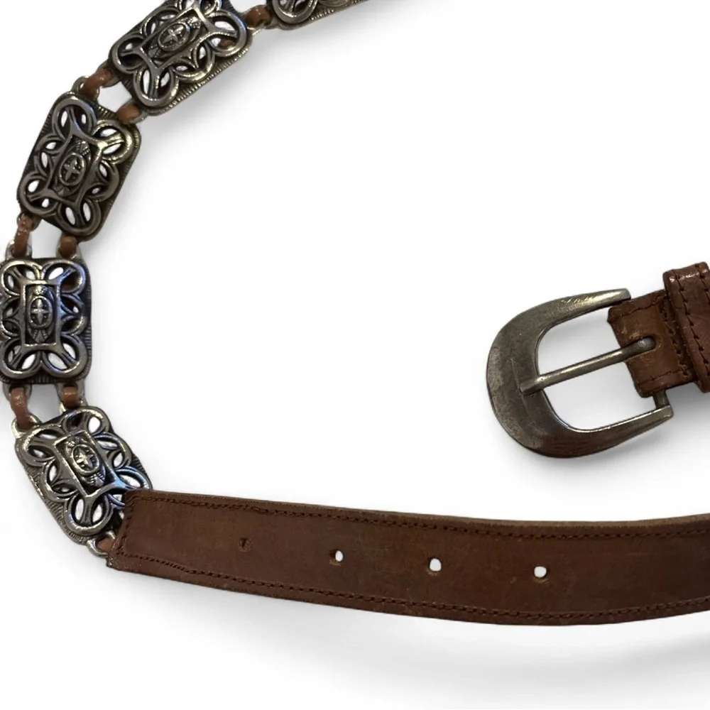 Vtg 1990  Silver Tone Medallion CONCHO Leather Belt Cowgirl Southwest Old West M